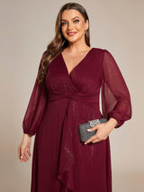 ever EMBER|See-Through Long Sleeve Twist Knot A-Line Lotus Leaf Shimmering Evening Dress