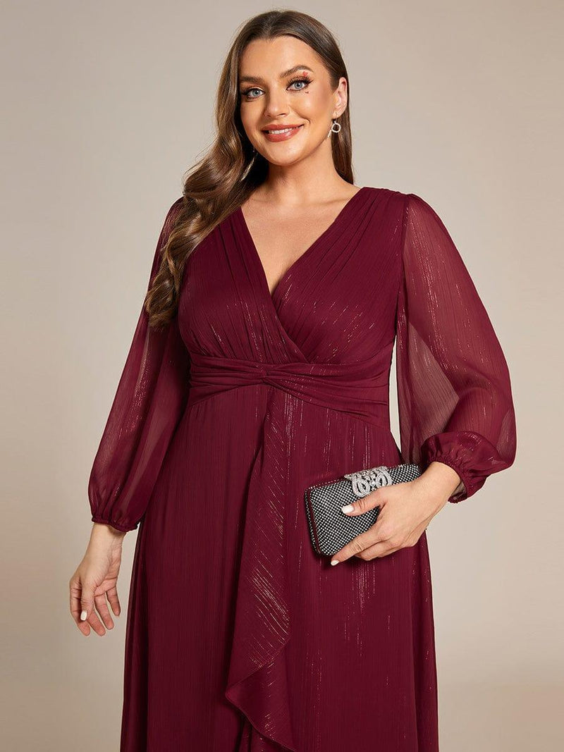 ever EMBER|See-Through Long Sleeve Twist Knot A-Line Lotus Leaf Shimmering Evening Dress