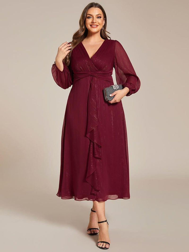ever EMBER|See-Through Long Sleeve Twist Knot A-Line Lotus Leaf Shimmering Evening Dress