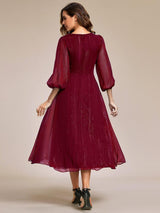 ever EMBER|See-Through Long Sleeve Twist Knot A-Line Lotus Leaf Shimmering Evening Dress