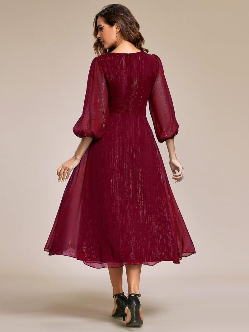 ever EMBER|See-Through Long Sleeve Twist Knot A-Line Lotus Leaf Shimmering Evening Dress