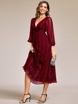 ever EMBER|See-Through Long Sleeve Twist Knot A-Line Lotus Leaf Shimmering Evening Dress