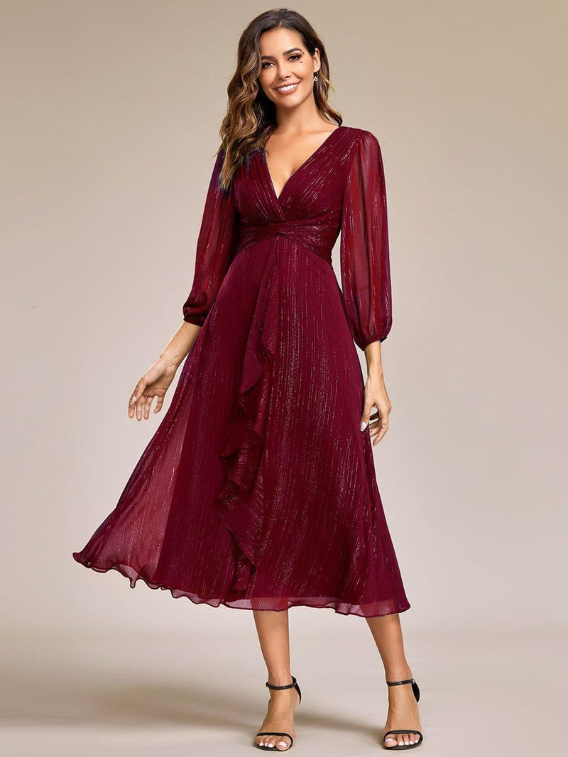 ever EMBER|See-Through Long Sleeve Twist Knot A-Line Lotus Leaf Shimmering Evening Dress