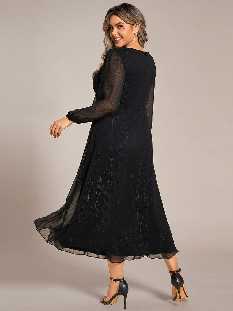 ever EMBER|See-Through Long Sleeve Twist Knot A-Line Lotus Leaf Shimmering Evening Dress