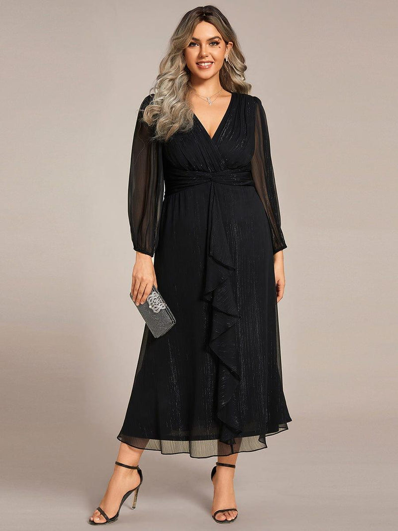 ever EMBER|See-Through Long Sleeve Twist Knot A-Line Lotus Leaf Shimmering Evening Dress