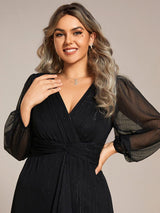 ever EMBER|See-Through Long Sleeve Twist Knot A-Line Lotus Leaf Shimmering Evening Dress