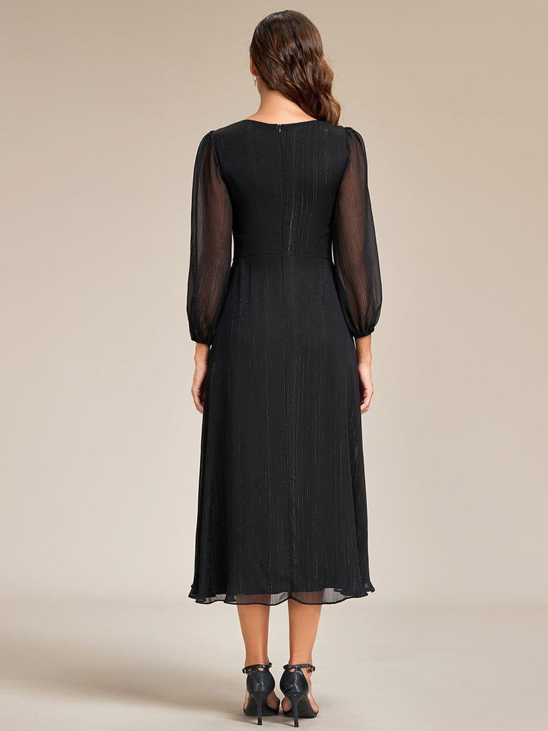 ever EMBER|See-Through Long Sleeve Twist Knot A-Line Lotus Leaf Shimmering Evening Dress