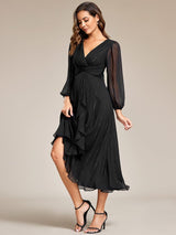 ever EMBER|See-Through Long Sleeve Twist Knot A-Line Lotus Leaf Shimmering Evening Dress