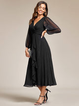ever EMBER|See-Through Long Sleeve Twist Knot A-Line Lotus Leaf Shimmering Evening Dress