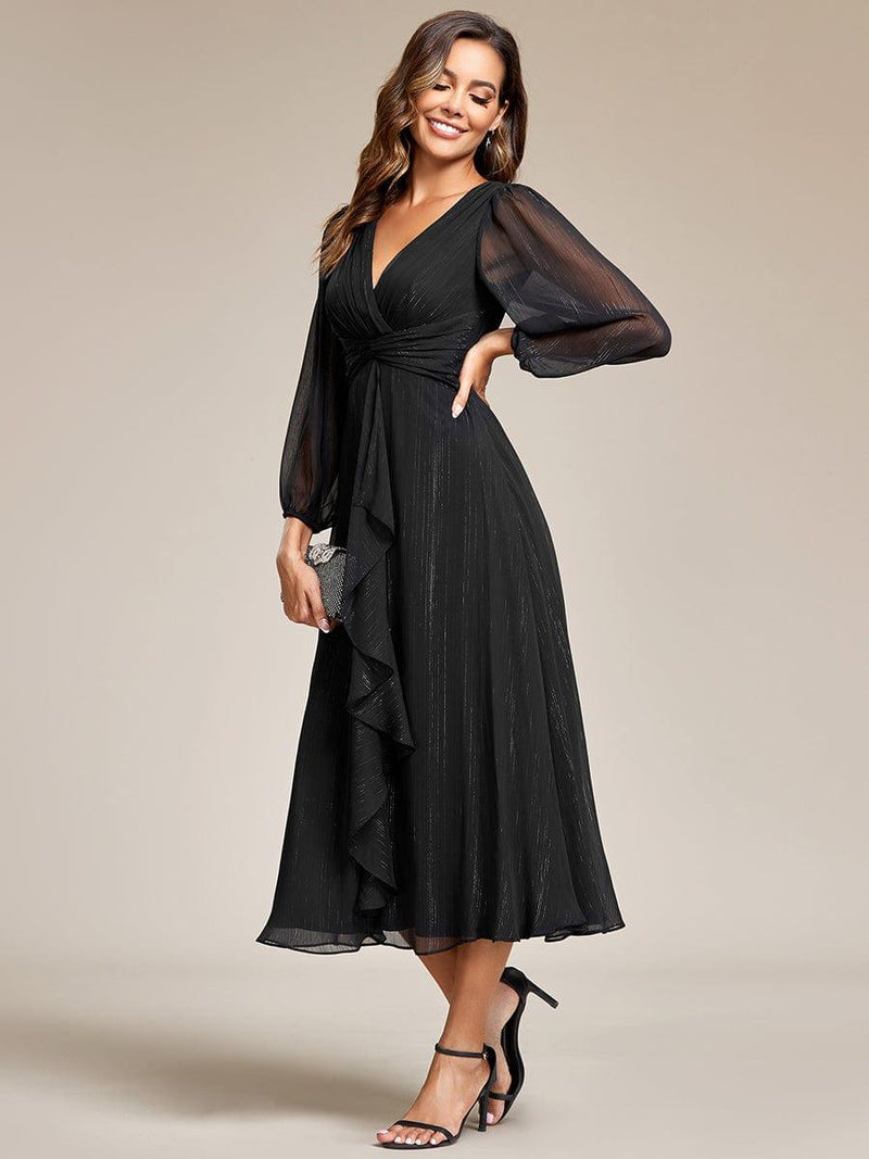ever EMBER|See-Through Long Sleeve Twist Knot A-Line Lotus Leaf Shimmering Evening Dress