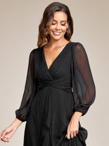 ever EMBER|See-Through Long Sleeve Twist Knot A-Line Lotus Leaf Shimmering Evening Dress