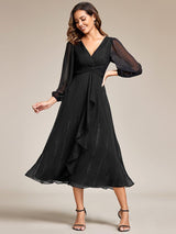 ever EMBER|See-Through Long Sleeve Twist Knot A-Line Lotus Leaf Shimmering Evening Dress
