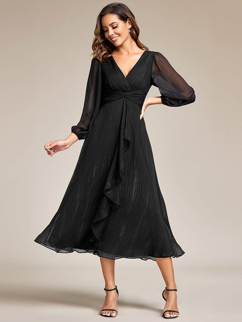 ever EMBER|See-Through Long Sleeve Twist Knot A-Line Lotus Leaf Shimmering Evening Dress