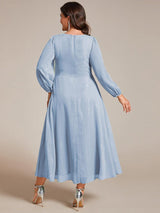 ever EMBER|See-Through Long Sleeve Twist Knot A-Line Lotus Leaf Shimmering Evening Dress