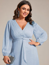 ever EMBER|See-Through Long Sleeve Twist Knot A-Line Lotus Leaf Shimmering Evening Dress