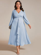 ever EMBER|See-Through Long Sleeve Twist Knot A-Line Lotus Leaf Shimmering Evening Dress