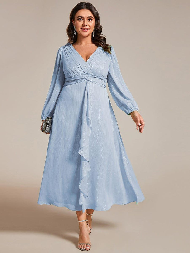 ever EMBER|See-Through Long Sleeve Twist Knot A-Line Lotus Leaf Shimmering Evening Dress
