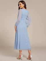 ever EMBER|See-Through Long Sleeve Twist Knot A-Line Lotus Leaf Shimmering Evening Dress