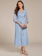ever EMBER|See-Through Long Sleeve Twist Knot A-Line Lotus Leaf Shimmering Evening Dress