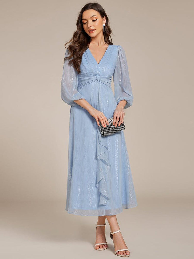 ever EMBER|See-Through Long Sleeve Twist Knot A-Line Lotus Leaf Shimmering Evening Dress
