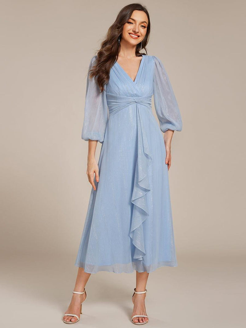 ever EMBER|See-Through Long Sleeve Twist Knot A-Line Lotus Leaf Shimmering Evening Dress