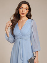 ever EMBER|See-Through Long Sleeve Twist Knot A-Line Lotus Leaf Shimmering Evening Dress