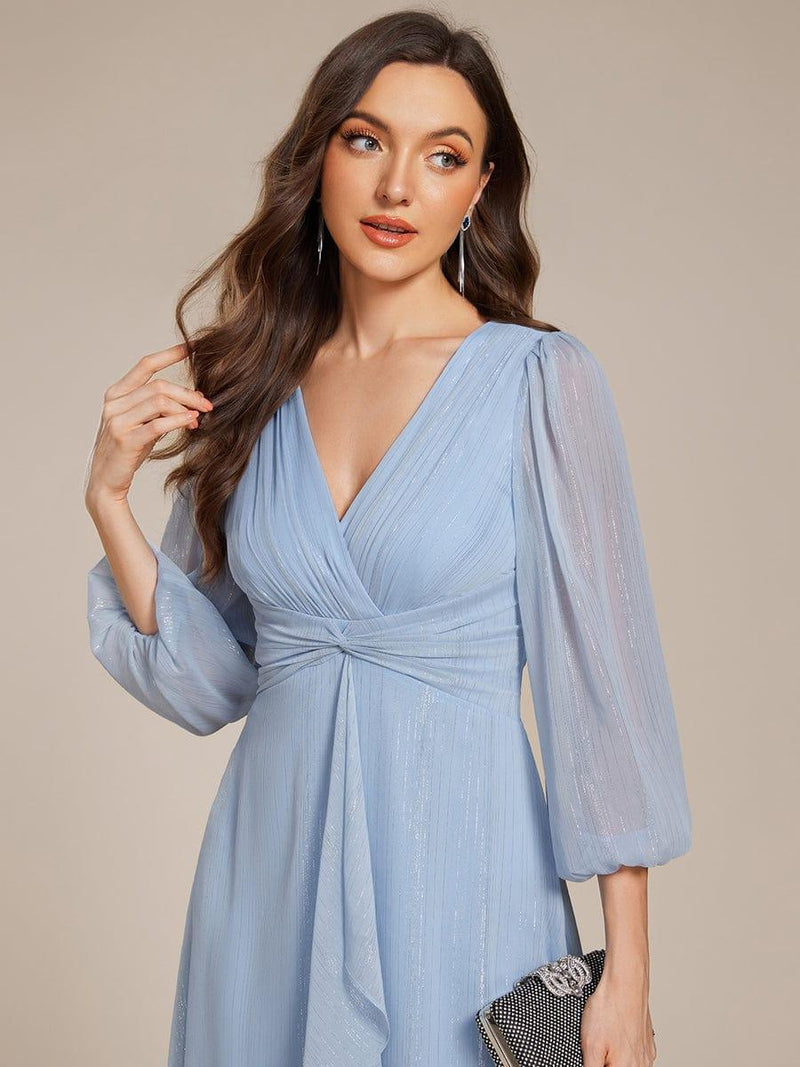 ever EMBER|See-Through Long Sleeve Twist Knot A-Line Lotus Leaf Shimmering Evening Dress