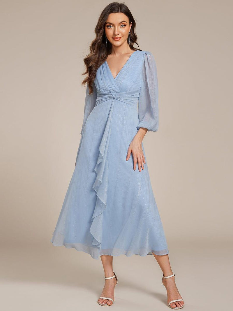 ever EMBER|See-Through Long Sleeve Twist Knot A-Line Lotus Leaf Shimmering Evening Dress