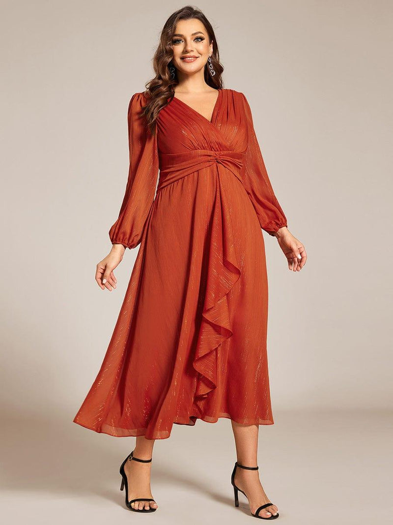 ever EMBER|See-Through Long Sleeve Twist Knot A-Line Lotus Leaf Shimmering Evening Dress