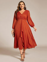 ever EMBER|See-Through Long Sleeve Twist Knot A-Line Lotus Leaf Shimmering Evening Dress