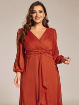 ever EMBER|See-Through Long Sleeve Twist Knot A-Line Lotus Leaf Shimmering Evening Dress