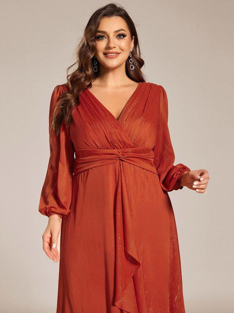 ever EMBER|See-Through Long Sleeve Twist Knot A-Line Lotus Leaf Shimmering Evening Dress
