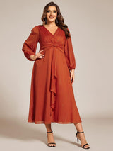 ever EMBER|See-Through Long Sleeve Twist Knot A-Line Lotus Leaf Shimmering Evening Dress