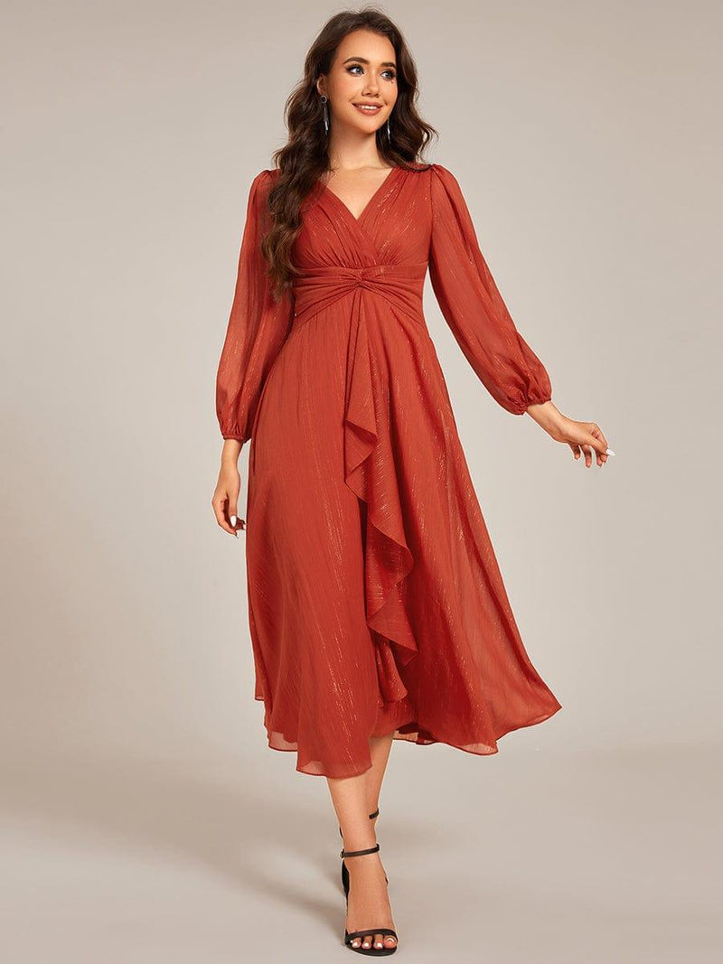 ever EMBER|See-Through Long Sleeve Twist Knot A-Line Lotus Leaf Shimmering Evening Dress