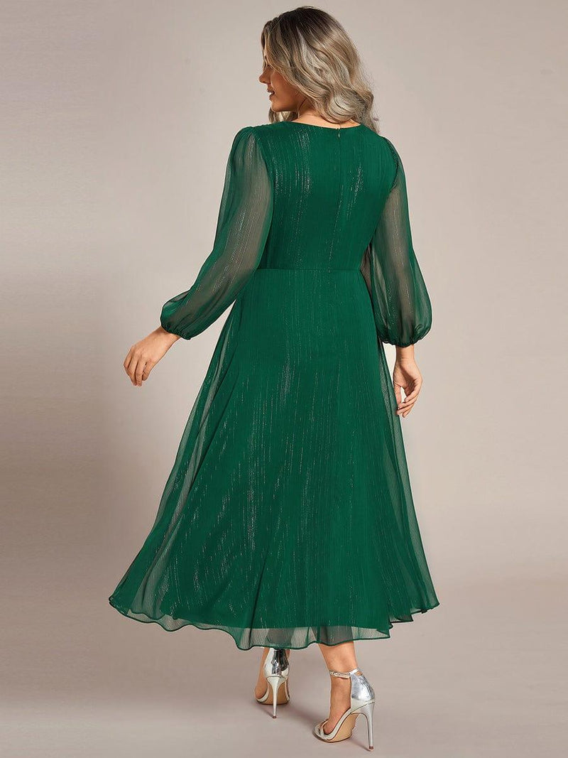 ever EMBER|See-Through Long Sleeve Twist Knot A-Line Lotus Leaf Shimmering Evening Dress
