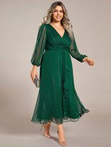 ever EMBER|See-Through Long Sleeve Twist Knot A-Line Lotus Leaf Shimmering Evening Dress