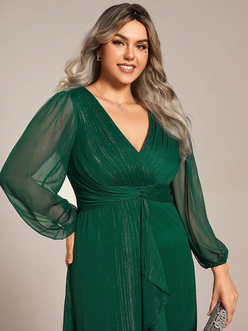 ever EMBER|See-Through Long Sleeve Twist Knot A-Line Lotus Leaf Shimmering Evening Dress