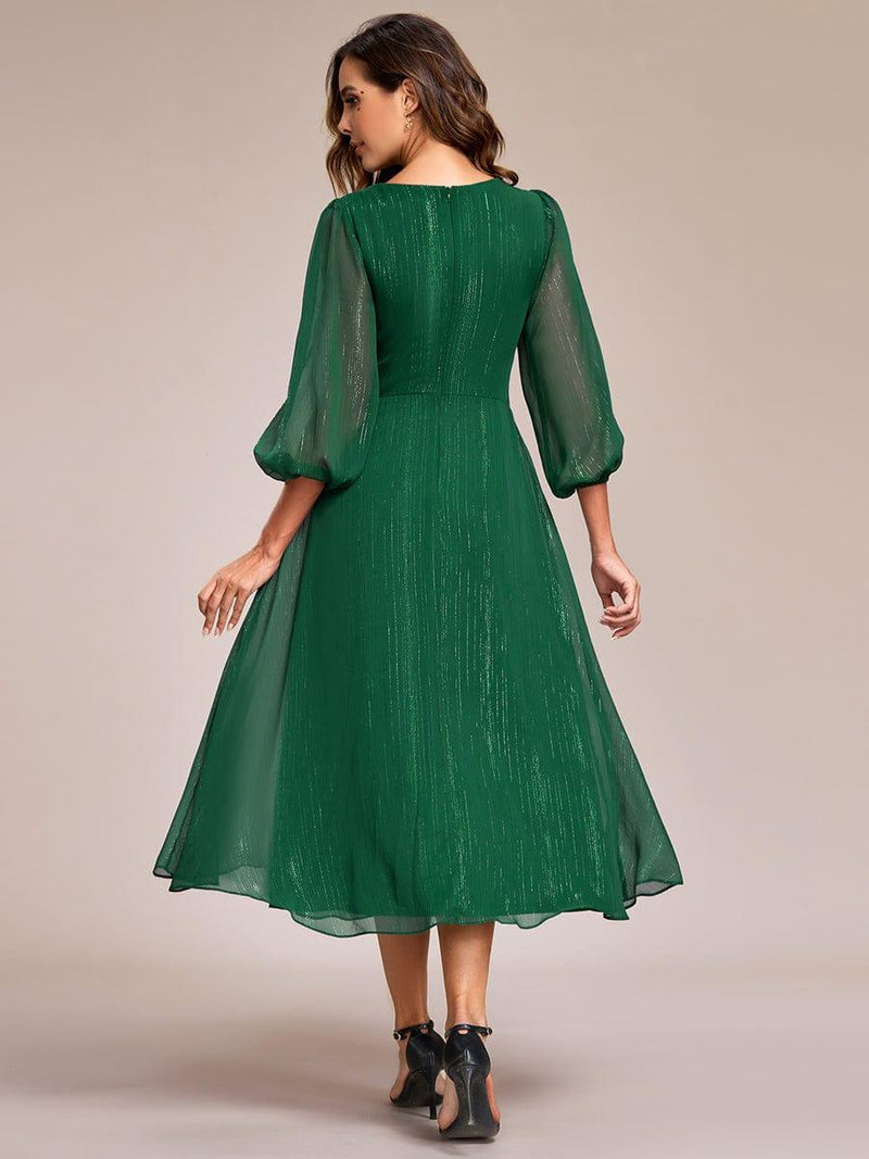 ever EMBER|See-Through Long Sleeve Twist Knot A-Line Lotus Leaf Shimmering Evening Dress