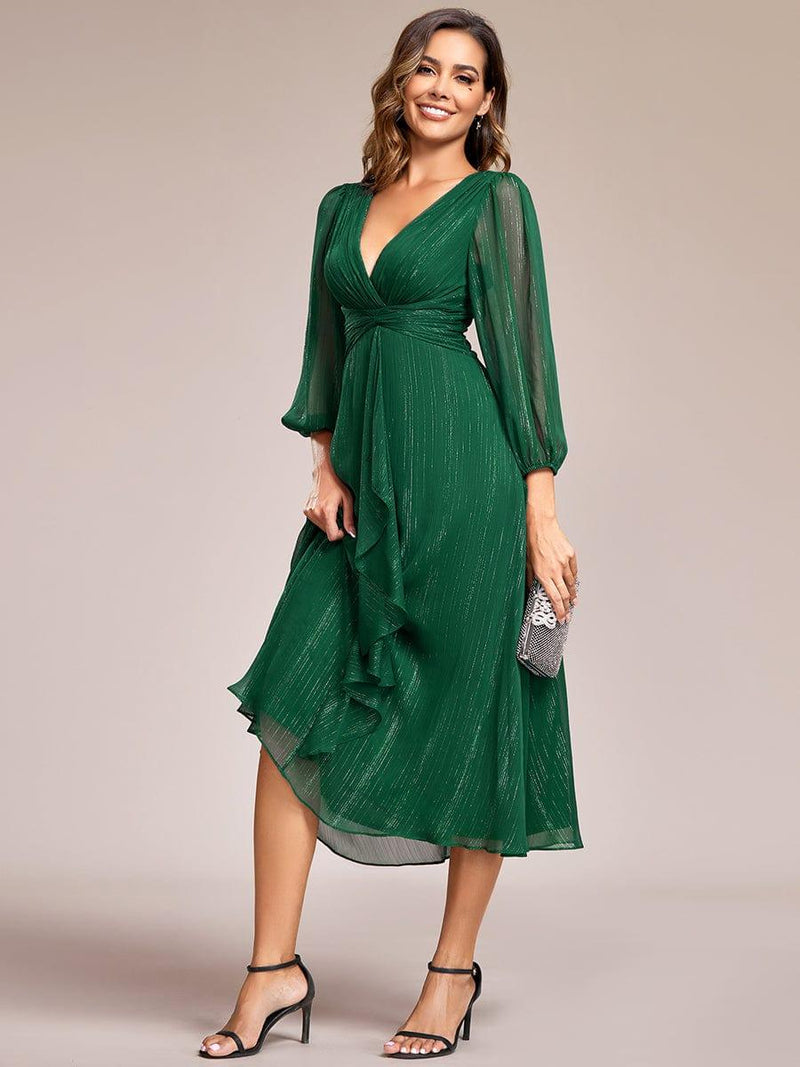 ever EMBER|See-Through Long Sleeve Twist Knot A-Line Lotus Leaf Shimmering Evening Dress