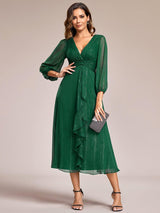 ever EMBER|See-Through Long Sleeve Twist Knot A-Line Lotus Leaf Shimmering Evening Dress
