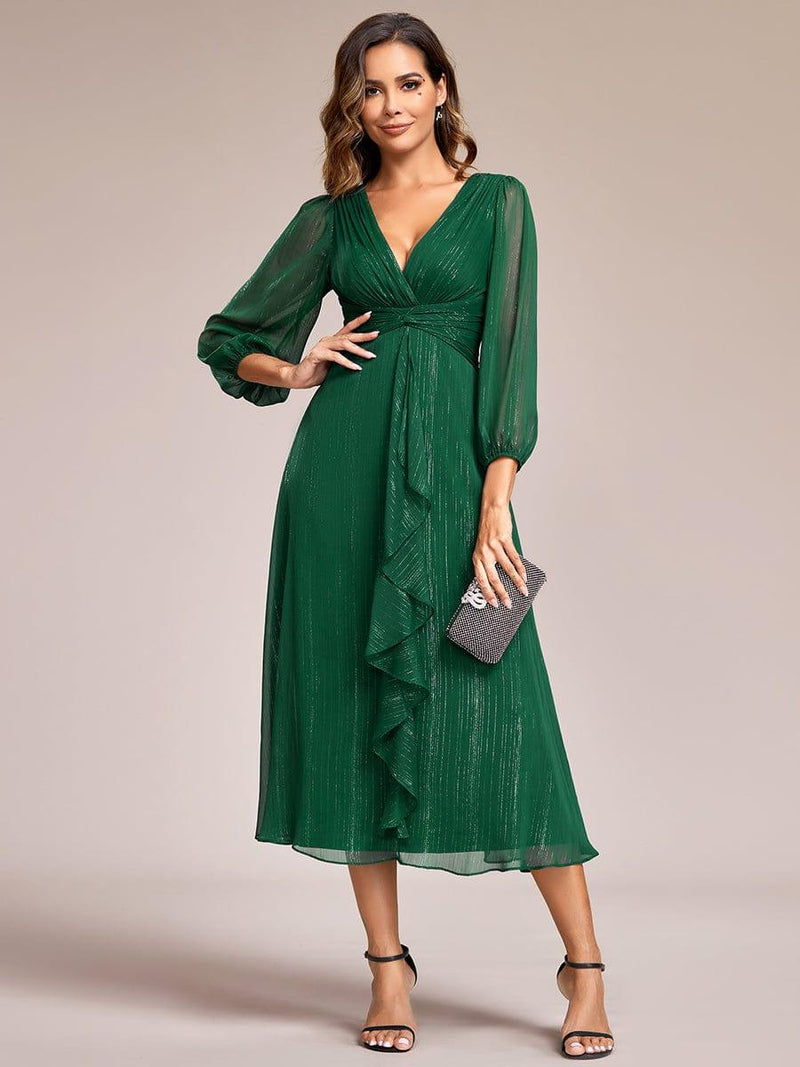 ever EMBER|See-Through Long Sleeve Twist Knot A-Line Lotus Leaf Shimmering Evening Dress