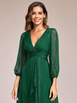 ever EMBER|See-Through Long Sleeve Twist Knot A-Line Lotus Leaf Shimmering Evening Dress