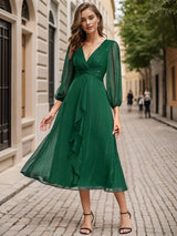 ever EMBER|See-Through Long Sleeve Twist Knot A-Line Lotus Leaf Shimmering Evening Dress