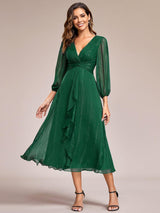 ever EMBER|See-Through Long Sleeve Twist Knot A-Line Lotus Leaf Shimmering Evening Dress