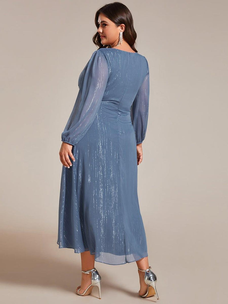 ever EMBER|See-Through Long Sleeve Twist Knot A-Line Lotus Leaf Shimmering Evening Dress