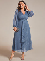 ever EMBER|See-Through Long Sleeve Twist Knot A-Line Lotus Leaf Shimmering Evening Dress