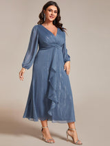 ever EMBER|See-Through Long Sleeve Twist Knot A-Line Lotus Leaf Shimmering Evening Dress