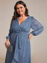 ever EMBER|See-Through Long Sleeve Twist Knot A-Line Lotus Leaf Shimmering Evening Dress