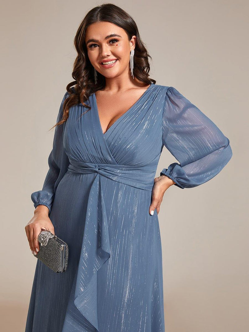 ever EMBER|See-Through Long Sleeve Twist Knot A-Line Lotus Leaf Shimmering Evening Dress