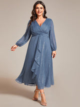 ever EMBER|See-Through Long Sleeve Twist Knot A-Line Lotus Leaf Shimmering Evening Dress